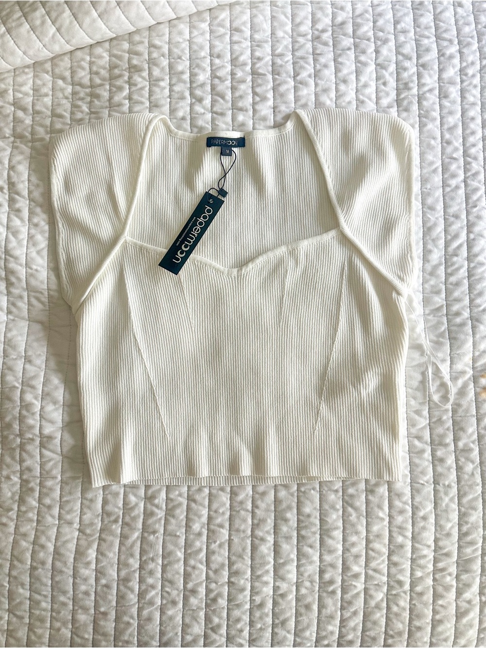 Papermoon Ribbed Sweetheart Neck Crop Top in White